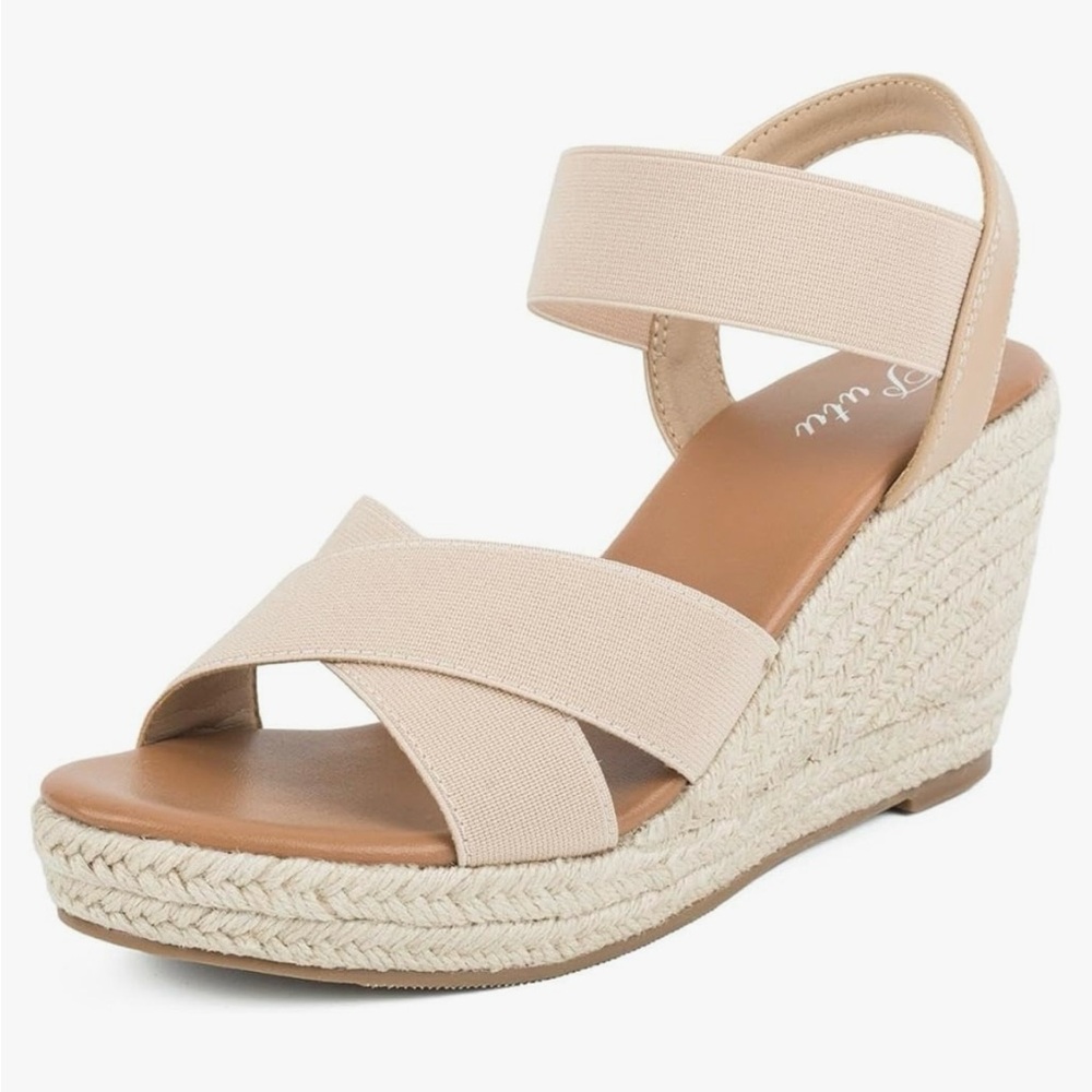 Nude Espadrille Wedge Sandals with Elastic Criss-Cross Ankle Strap